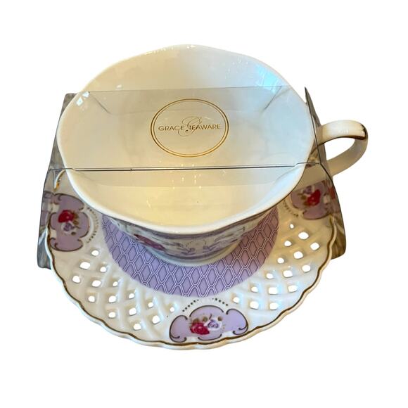 Grace Teaware Teacup & Saucer Floral Lavender Rose Lattice Gold Accents New - Picture 5 of 16